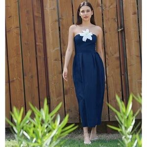 Fanm Mon LORR LINEN LATRICE DRESS Navy Flower Embroidered Pleated Pockets $389
